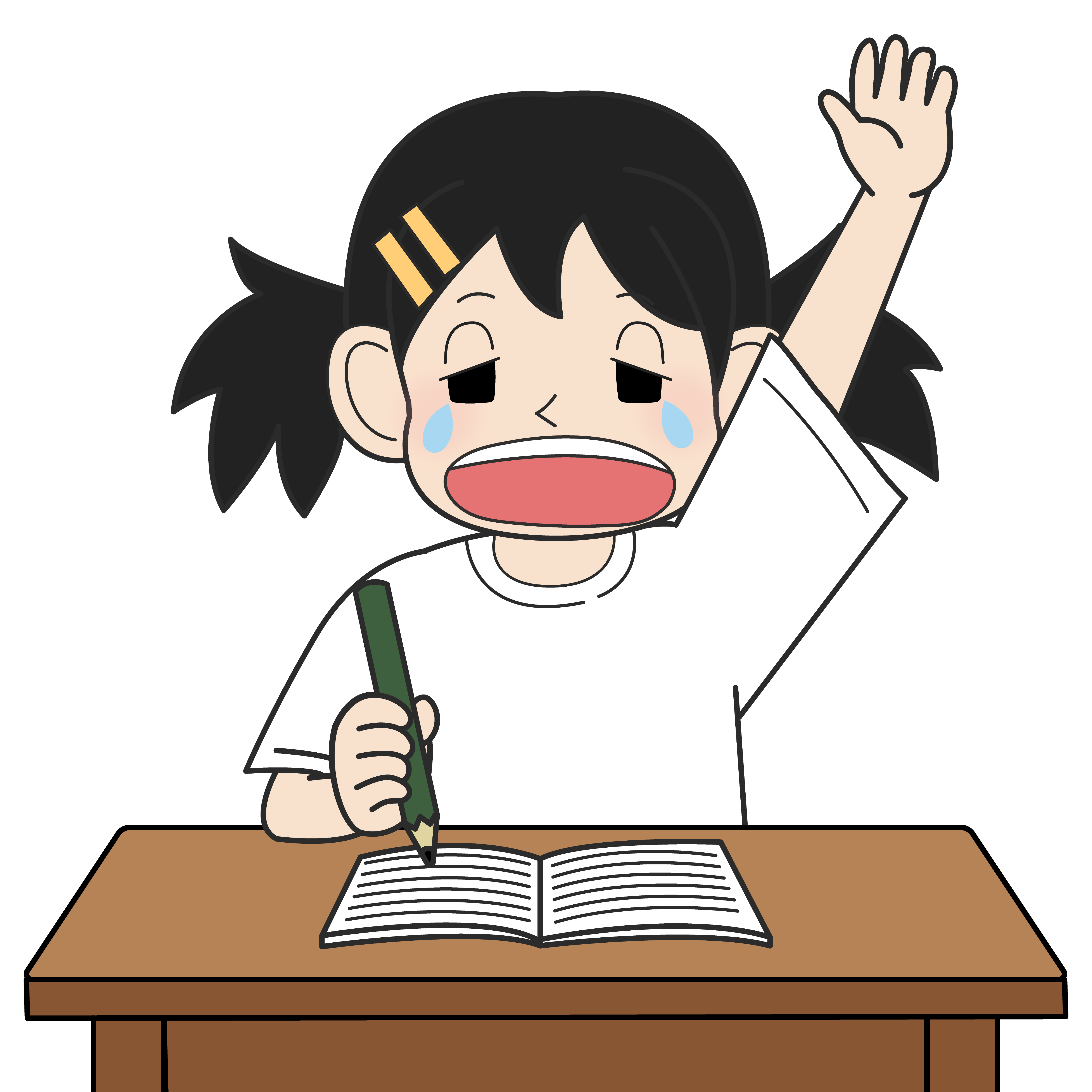 手を挙げる小学生の女の子（泣き）