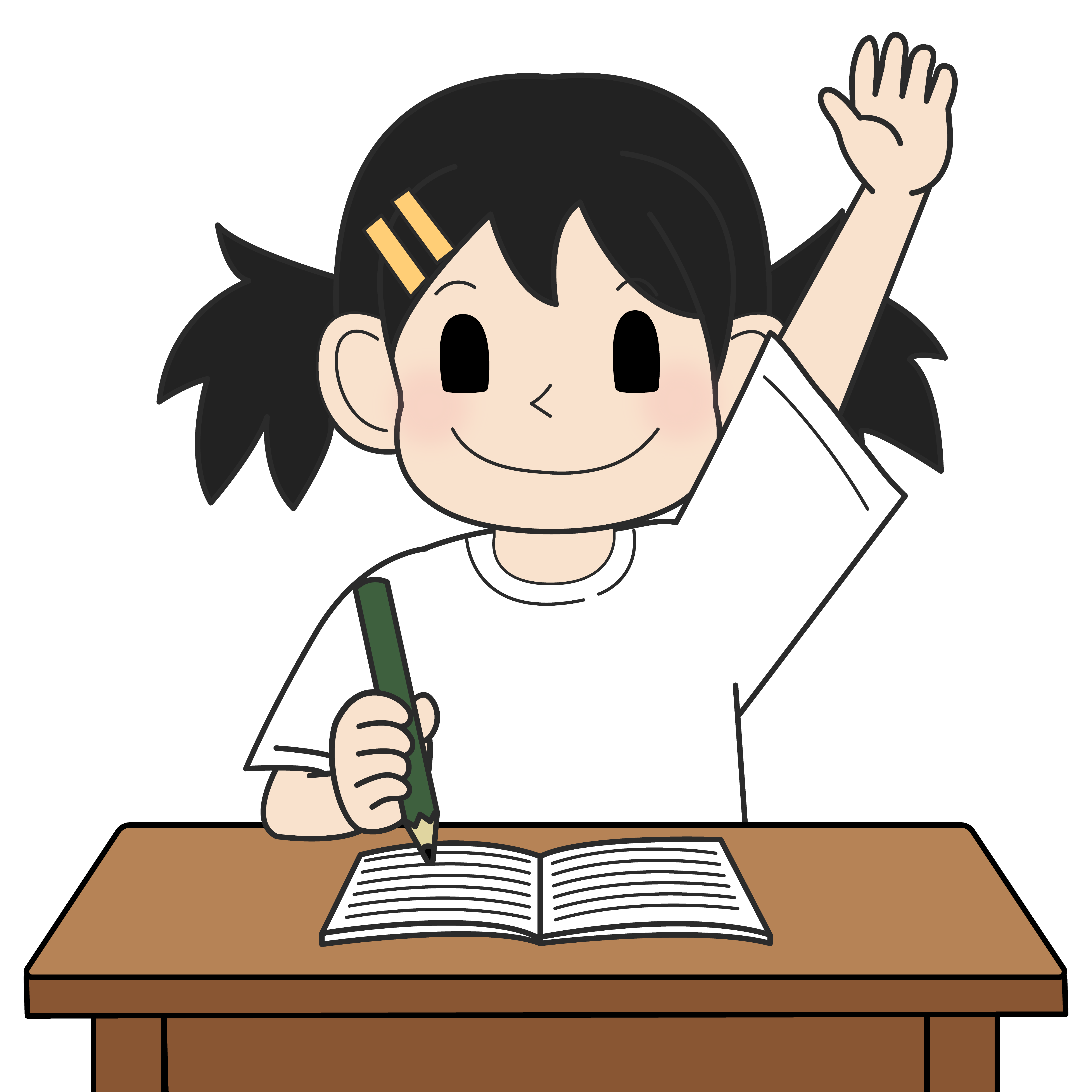 手を挙げる小学生の女の子（笑顔）