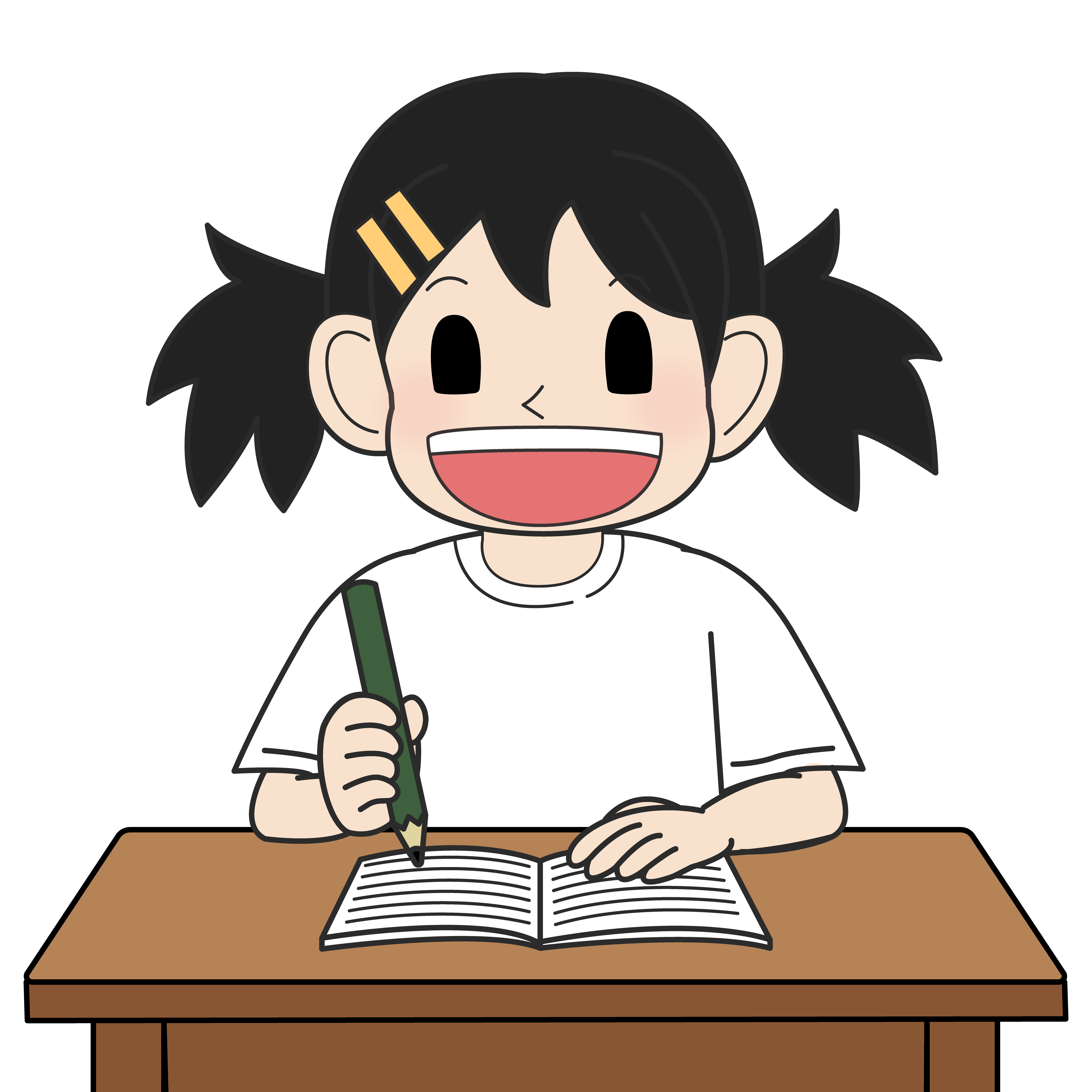 ノートを書く小学生の女の子（笑い）