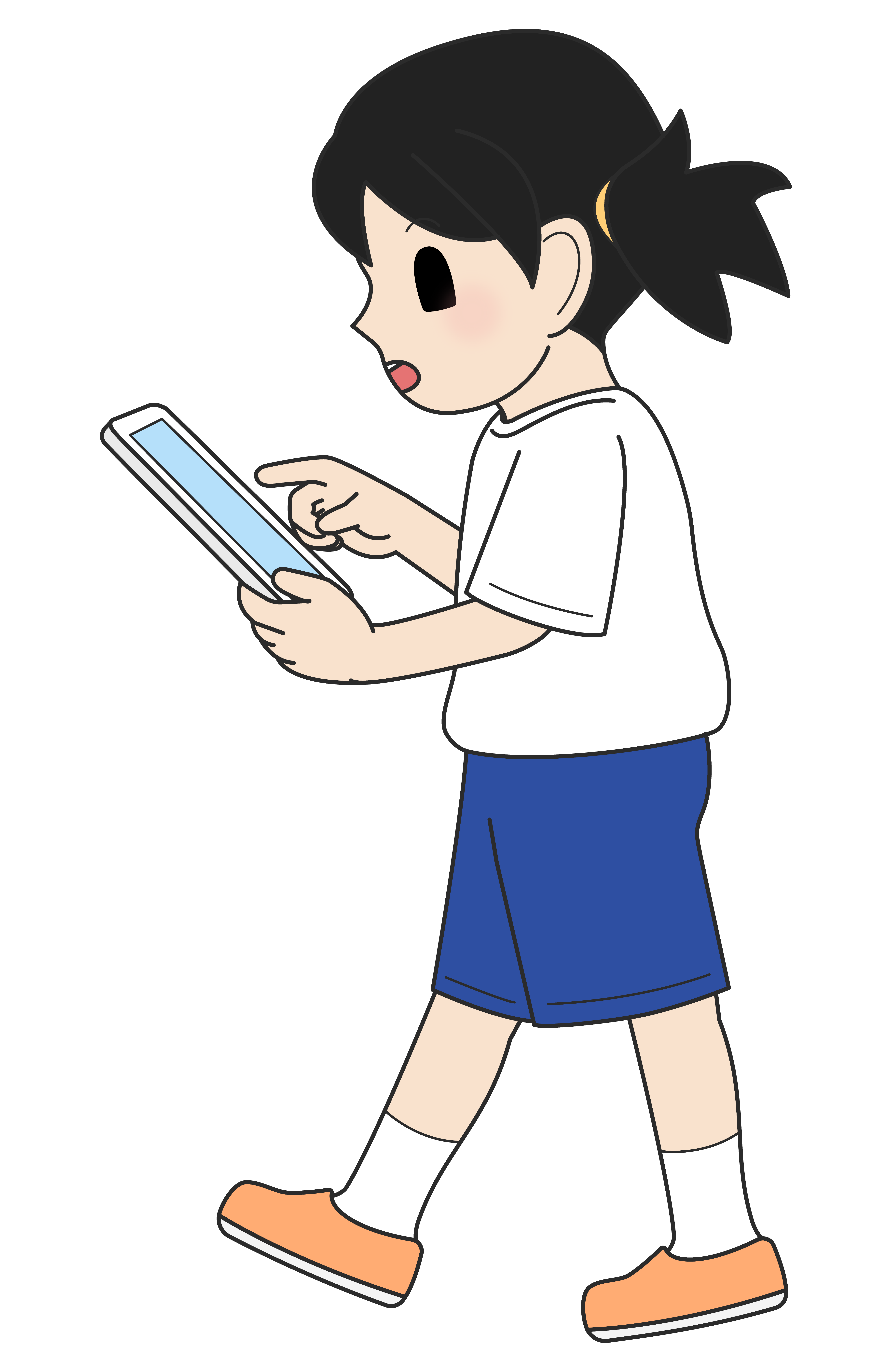 タブレットを持って歩く女の子（注意）