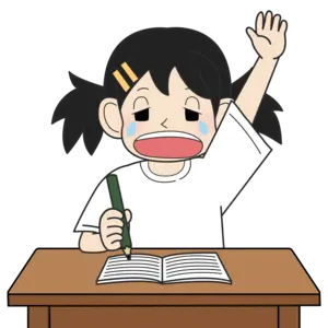 手を挙げる小学生の女の子（泣き）