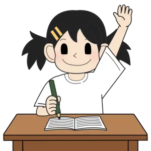 手を挙げる小学生の女の子（笑顔）