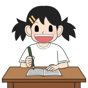 ノートを書く小学生の女の子（笑い）