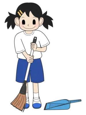ほうきとちりとりで掃除する女の子（その1）
