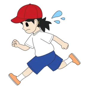赤帽子で汗をかいて走る女の子