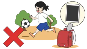 タブレットをもって外で遊ばない女の子（ルール）
