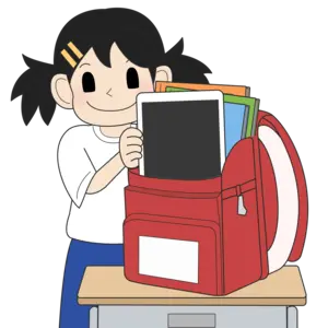タブレットをかばんに入れる女の子