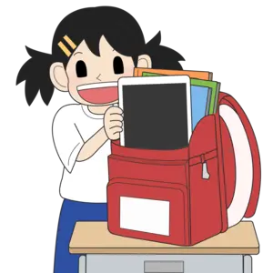 タブレットをかばんに入れる女の子