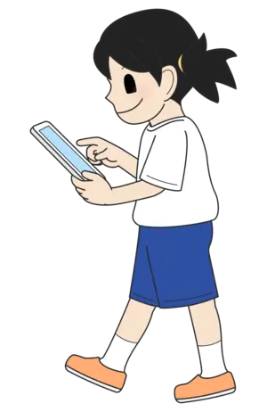 タブレットを持って歩く女の子（注意）